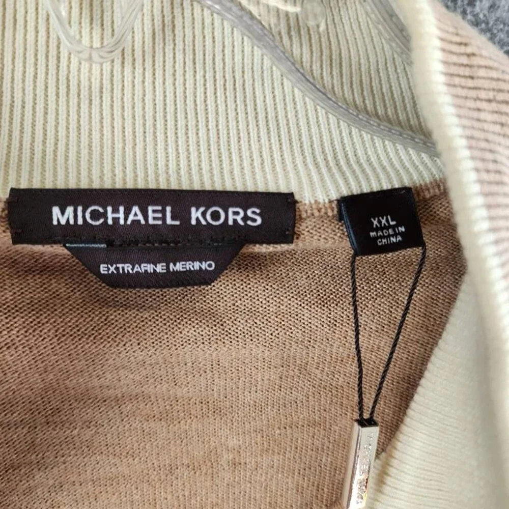 Michael Kors Modern-Fit Tipped 1/4-Zip Merino Wool Sweater Men's XXL Dark Camel